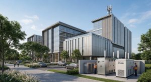Bâtiment tertiaire avec antenne-relais en toiture et armoires techniques de GTB contrôlées par des techniciens