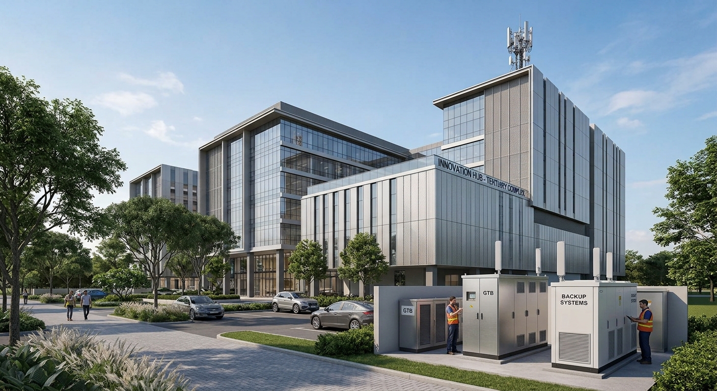Bâtiment tertiaire avec antenne-relais en toiture et armoires techniques de GTB contrôlées par des techniciens