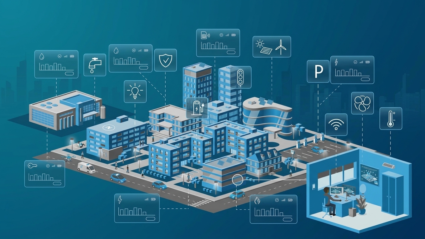 Quartier de bâtiments intelligents connectés et supervisés à distance, illustrant la connectivité GTB