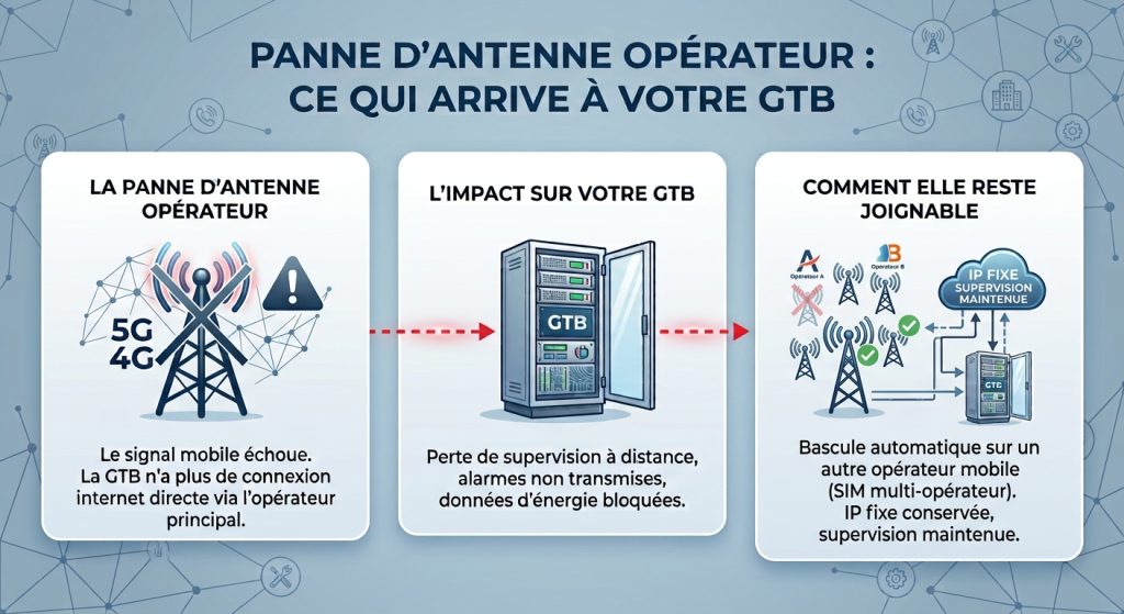 Infographie en trois étapes : panne d’antenne opérateur, perte de supervision de la GTB, bascule automatique sur un autre opérateur mobile