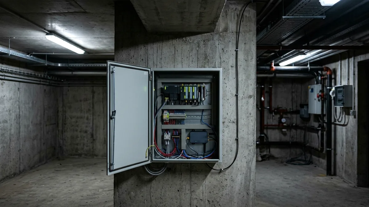 Armoire de GTB ouverte avec automate et routeur cellulaire dans un local technique en sous-sol, câble d’antenne remontant le long d’un pilier en béton.
