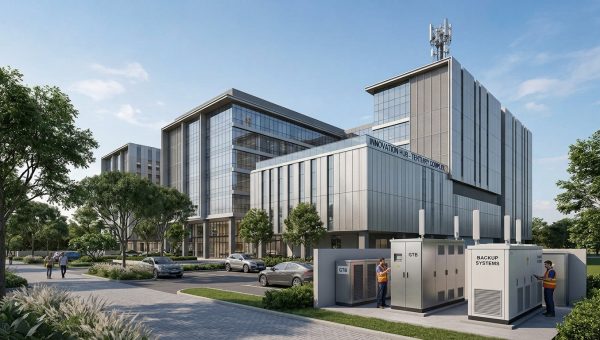 Bâtiment tertiaire avec antenne-relais en toiture et armoires techniques de GTB contrôlées par des techniciens