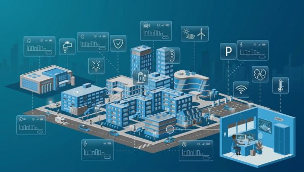 Quartier de bâtiments intelligents connectés et supervisés à distance, illustrant la connectivité GTB